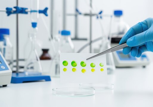 Scientist analyzes chromatography paper spots in a laboratory setting