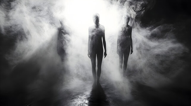 Ethereal figures emerge from dense fog in a mysterious monochrome scene creating a sense of otherworldly presence and dramatic visual impact