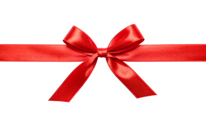 Red satin ribbon tied in a bow, horizontally centered, with visible folds and highlights on transparent background