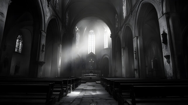 Sunlight streams through stained glass windows in a historic church illuminating the altar and pews creating a serene and spiritual atmosphere