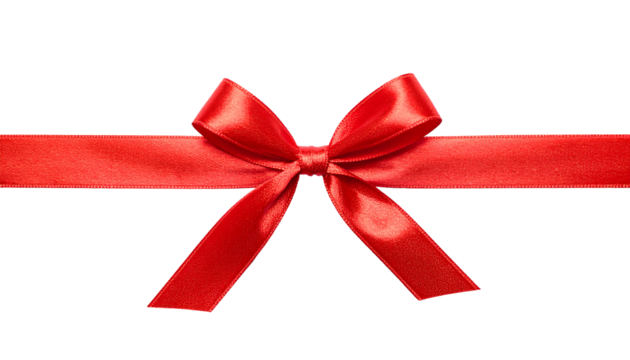 Red satin ribbon tied in a bow, horizontally centered, with visible folds and highlights on transparent background