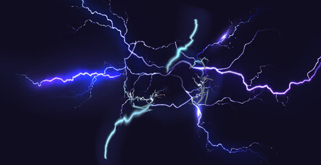 Blue thunder bolt light and electric energy discharge in form of circle on black background. Realistic 3d vector illustration round frame from storm lightning power effect.