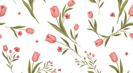 Seamless pattern with elegant pink tulip flowers and delicate blossoms on a clean white background, perfect for spring designs.