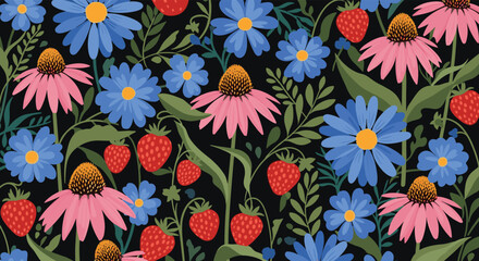 A vibrant seamless pattern featuring pink coneflowers, blue wildflowers, and ripe red strawberries intertwined with green foliage on a dark background.