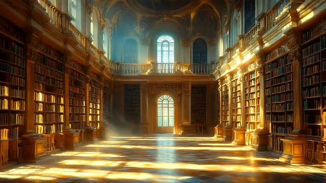 Grand library interior with sunlight and bookshelves