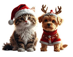 Adorable Cat and Dog in Christmas Costumes with Festive Reflection PNG (2)