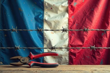 A weathered flag backdrop, worn and faded, with barbed wire in the foreground, and rusty pliers resting on a rustic wooden surface.