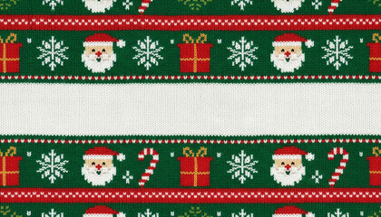 Knitted Christmas pattern with Santa, gifts, snowflakes, and candy canes seamless festive fabric background