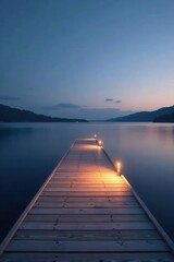 Fototapeta premium Serene Twilight A Wooden Dock Extends into a Calm Lake Underneath a Tranquil Evening Sky, Illuminated by Soft Lights