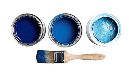 Three blue paint cans and brush, viewed from above