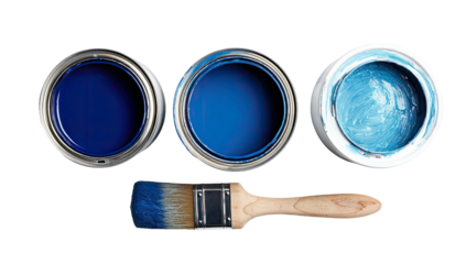 Three blue paint cans and brush, viewed from above