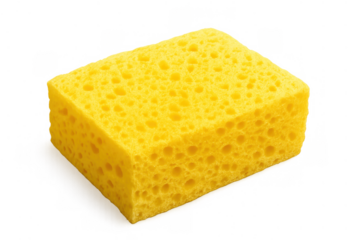 Yellow porous cleaning sponge with honeycomb texture used for household chores and dishwashing on transparent background