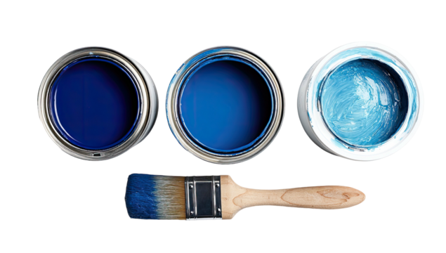 Three blue paint cans and brush, viewed from above