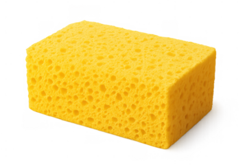 Yellow porous cleaning sponge for washing dishes, kitchen surfaces, and bathroom hygiene, transparent background
