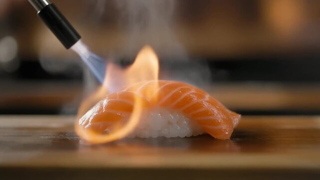 Chef expertly sears fresh salmon nigiri sushi with a kitchen torch, creating a delicate smoky flavor.