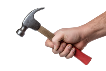 hammer in hand, close-up shot on white background