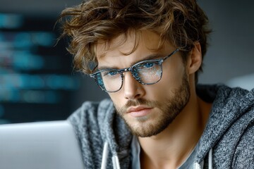 Focused male freelancer working on laptop in bright minimalist home office, modern lifestyle setup with clean lines and neutral background.