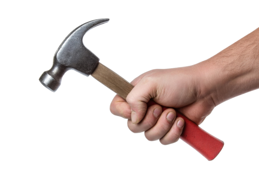 hammer in hand, close-up shot on white background