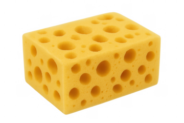 Yellow porous cleaning sponge with holes for household chores and dishwashing, transparent background