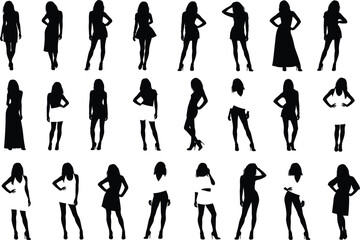 Female silhouette poses in diverse outfits and standing gestures for fashion design, posture reference, vector illustration, and animation character modeling.