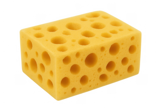 Yellow porous cleaning sponge with holes for household chores and dishwashing, transparent background