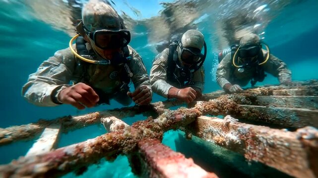 Divers repairing coral reef structure underwater