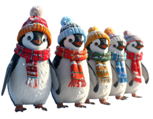 Christmas Penguins in Festive Hats and Scarves Standing in a Row PNG