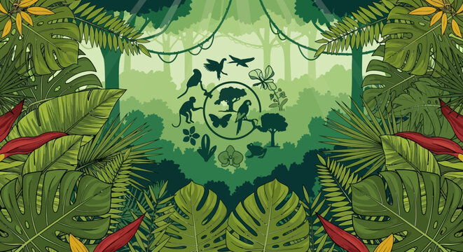 Lush rainforest scene with wildlife and foliage