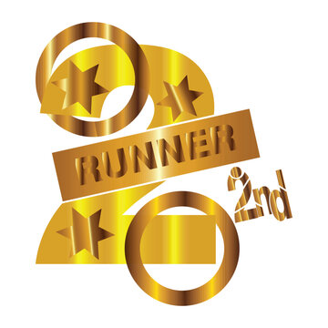 Gold metallic number 2 runner-up vector design with 3D golden stars, luxury ribbon banner, realistic shine, second place award symbol, premium competition badge illustration