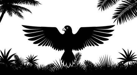 Tropical bird silhouette with lush foliage