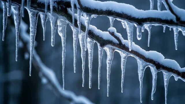 Detalle de ramas de &aacute;rbol cubiertas de nieve y car&aacute;mbanos largos y brillantes colgando en un d&iacute;a fr&iacute;o de invierno.