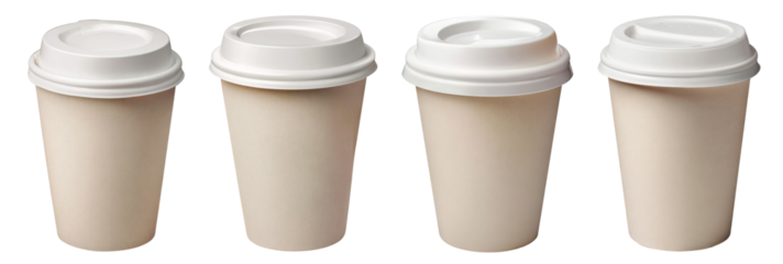 four disposable coffee cups with lids on white background