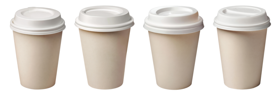 four disposable coffee cups with lids on white background