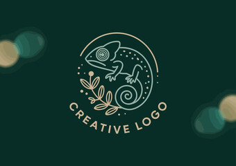 A stylish chameleon logo design featuring natural elements, embodying creativity and adaptability, ideal for branding or creative business applications.