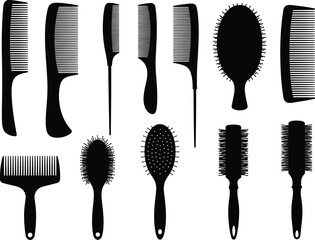 Set of black silhouette combs and brushes for hair styling, grooming, barber tools, beauty salon, vector design and haircare themes