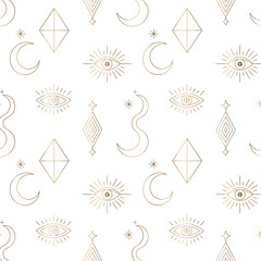 An elegant and minimalist geometric pattern featuring celestial symbols such as stars, moons, and eyes, offering a mystical and modern aesthetic.