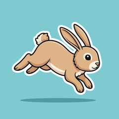 Obraz premium Cute cartoon rabbit jumping in the air on blue background.