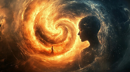 Two luminous spirals intertwine symbolizing dual minds merging in harmony and energy, creating a glowing abstract representation of thought connection and unity.