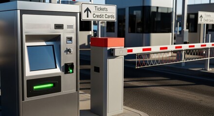 Automated parking payment station with a barrier gate and signage indicating ticket and credit card acceptance.