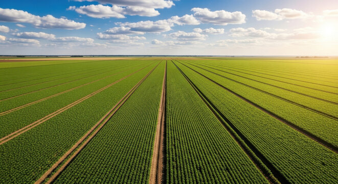 Aerial View of Green Farm Fields Under Blue Sky Agricultural Landscape Rural Scenery Harvest Season Cultivation Farmland Sunlight