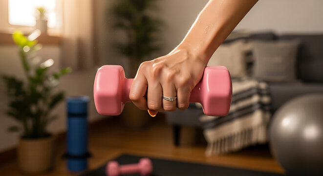 Home workout fitness woman holding pink dumbbell indoors