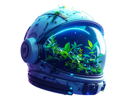 Fantasy Astronaut Helmet with Neon Glow and Plants – Surreal Concept PNG