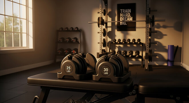 Adjustable Dumbbells on Weight Bench in a Modern Home Gym
