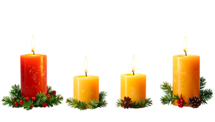 Four lit candles, one red and three yellow, on white surface with green sprigs and berries, cutout