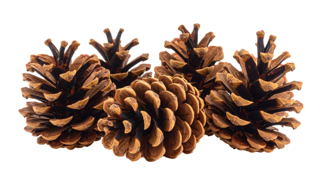 A group of five brown pine cones with visible scales and textures, arranged closely together, isolated on white