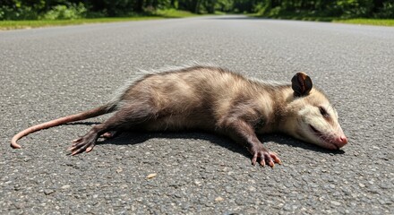 Opossum lying on asphalt road in rural area surrounded by green trees