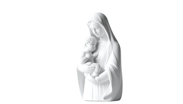 Statue of the virgin mary holding baby jesus, all in white, against a white background transparent png