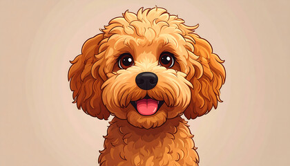 A cute cartoon illustration of a happy, fluffy apricot poodle puppy smiling with big brown eyes.