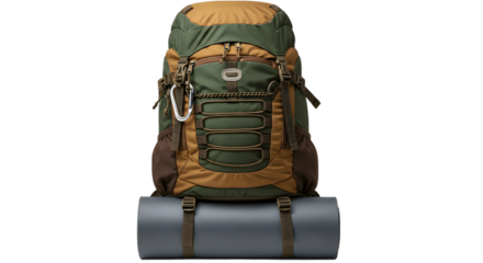 Backpacking gear hiking backpack and sleeping pad for outdoor adventure travel and camping equipment list pack on transparent background