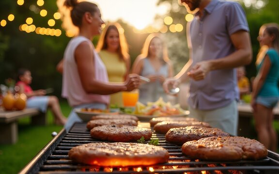 Lively summer backyard barbecue party with sizzling grills, burgers, hot dogs, laughter, lawn games, picnic tables with colorful salads, lemonade, string lights, and joyful friends and families